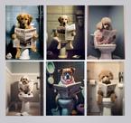 Kit 6 Quadros Banheiro Lavabo Cachorro Lendo Jornal 20x28cm