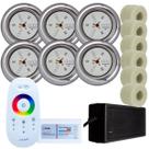 Kit 6 Refletores Led 9w RGB Inox e Adaptadores 50mm e Comando Iluminação Piscina