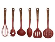 Kit 6 Utensílios Cozinha Silicone Cabo De Madeira Pegador