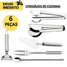 Kit 6 Utensílios de Inox para Cozinha Pegadores , Colher de Sucos, Espátula p/Bolo, Garfo, Desc Legu Kit 6 Utensílios de Inox para Cozinha Pegadores , Colher de Sucos, Espátula p/Bolo, Garfo, Desc Legu