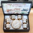 Kit 6 Xícaras + 6 Pires 80ml Cafézinho Detalhes Dourado, Clássico e Sofisticado