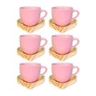 Kit 6 Xícaras Paris Rosa 170 Ml C/ Pires De Madeira Coração
