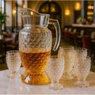 Kit 7 pçs Jarra de Vidro 1,8L + 6 Taças 200ml Jogo de Copos Conjunto Diamante P/ Água Suco Vinho