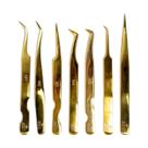 Kit 7 Pinças Para Extensão de Cilios Fio a Fio Volume Russo Cor Dourado
