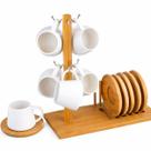 Kit 7 Porta Xícaras Cantinho Café Porcelana Base Bambu Suporte Organizador Elegante Moderno