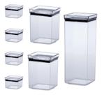 Kit 7 Potes Mantimentos Alimento Hermético Quadrado Acrílico