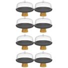 Kit 8 Boleiras Prato para Bolo 25cm Cúpula Plástico Pé Bambu Tortas Padaria Ou Lume Preto