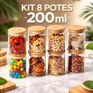 Kit 8 Pcs Pote De Vidro Com Tampa De Bambu Hermético 200ml