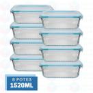 Kit 8 Potes Resistente Retangular Vidro Resistente 1520ml