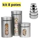 Kit 8x Potes Para Mantimentos De Aço Inox E Vidro Com Tampa -