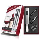 Kit Abridor de Vinho Elétrico Automático Recarregável Prata - 4 Peças com Cortador, Decantador e Bomba a Vácuo