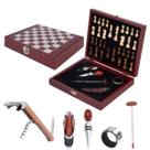 Kit Abridor De Vinho Saca Rolhas 6 Peças Com Jogo De Xadrez Maleta Luxo BR14001