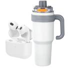 Kit Academia Copo Térmico 1200ml Inox com Alça e Canudo + Fone de Ouvido Bluetooth Sem Fio Cor:Branco