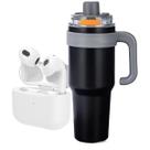 Kit Academia Copo Térmico 1200ml Inox com Alça e Canudo + Fone de Ouvido Bluetooth Sem Fio Cor:Preto