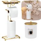 Kit Acessórios Banheiro Dourado Com Lixeira E Papeleira Porta Papel Higienico 3 Rolos Com Suporte Para Lenço Umedecido