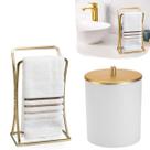 Kit Acessórios Banheiro Dourado Com Lixeira E Toalheiro Duplo Kit Acessórios Banheiro Dourado Com Lixeira E Toalheiro Duplo