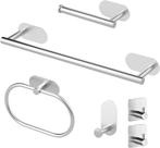 Kit Acessórios Banheiro Inox 6 Peças Sem Furo Fixação Adesiva 3M Porta Toalha e Papel