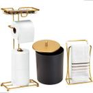 Kit Acessorios Lavabo Banheiro Lavabo Toalha Rosto Porta Papeleira E Celular Luxo Dourado/Preto Arthi