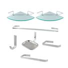 Kit Acessórios Para Banheiro Quadrado Aço Inox 5 Peças + 2 Porta Shampoo Vidro Canto Cód. 1885 Kit Acessórios Para Banheiro Quadrado Aço Inox 5 Peças + 2 Porta Shampoo Vidro Canto Cód. 1885