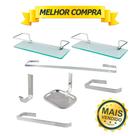Kit Acessórios Para Banheiro Quadrado Aço Inox 5 Peças + 2 Porta Shampoo Vidro Retangular Cód. 1884