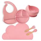 Kit Alimentação Bebê 5 Peças Silicone Babador, Bowl, Talheres, Pratinho e Jogo Americano Buba