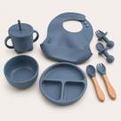 Kit Alimentação Bebê Introdução Alimentar Infantil Silicone Ventosa Azul Aço