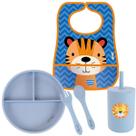 Kit Alimentação do Bebê Prato Copo Talheres e Babador Azul