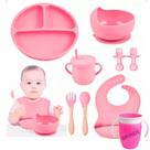Kit Alimentar Bebê Prato Babador Copo Silicone Ventosa 8 Pçs + Brinde
