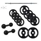 Kit Anilhas de Ferro 30Kg + Barra 120cm e Par de Halter de 5Kg