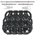 Kit Anilhas Dectagonal Emborrachadas 40 Kg + Barras com Presilhas Kit Anilhas Dectagonal Emborrachadas 40 Kg + Barras com Presilhas