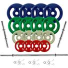 Kit Anilhas Emborrachadas 44 Kg + Barras 1,20m(1) - 0,40m(2) + 1 Suporte 120kg
