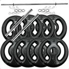 Kit Anilhas Emborrachadas Preta 20 Kg + Barras com Presilhas
