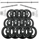 Kit Anilhas Emborrachadas Preta 40 Kg + Barras com Presilhas