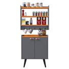 Kit Aparador Buffet Retrô 2 Portas Armário Suspenso Prateleiras Ganchos Organizadores Cozinha Pequena - Cinza/Cinamomo - RPM Móveis