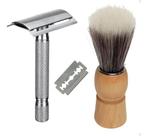 Kit Aparelho Barbear De Metal Com Lâmina Pincel Cabo Madeira
