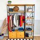 Kit Arara de Roupas Middle Ample com 2 Gaveteiros e Estante Style Slim Industrial Nozes e Preto