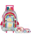 Kit Arco Íris Mochila Rodas e Costas + Lancheira + Estojo