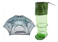 Kit Armadilha Covo Pesca Rede De Peixe Lambari Camarão Peixes Isca Viva 6 Furos Samburá Viveiro Cesto Fixador 1,40M