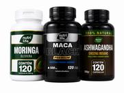 Kit Ashwagandha Moringa e Ma ca Pe ruana Negra 360 cápsulas cada 500mg Nutri Life