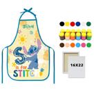 Kit Avental Escolar PVC Stitch Azul + Tela de Pintura 16x22 + Guache 12 Cores