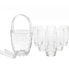 Kit Balde De Gelo Vidro Com Alça e Pinça + 6 Copos Oca 300ml