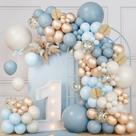 Kit Balloon Arch, 107 unidades, azul, dourado, branco, com folhas de palmeira