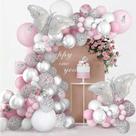 Kit Balloon Arch Macaron Pink com borboleta prateada 3D 116 unidades