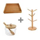 Kit Bandeja + Açucareiro + Suporte Xícaras Bambu