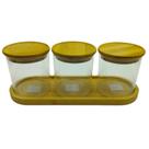 Kit Bandeja Bambu + 3 Potes Vidro Mantimento Hermético 500ml