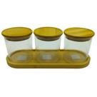 Kit Bandeja Bambu + 3 Potes Vidro Mantimento Hermético 500ml