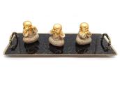 Kit Bandeja com Trio Buda da Sabedoria Bandeja Vidro 25x10cm
