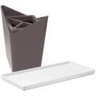 Kit Bandeja Decorativa Branca e Porta Escova de Dentes Cinza Plástico Banheiro Lavabo