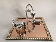 Kit Bandeja Quadrada Strass Rosé Gold 20x20cm, Enfeite Dec Yoga Prata e Enfeite Decor Elefante Prata