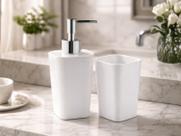 Kit Banheiro 2 Peças Branco com Dispenser e Porta Escovas Multiuso Kit Banheiro 2 Peças Branco com Dispenser e Porta Escovas Multiuso